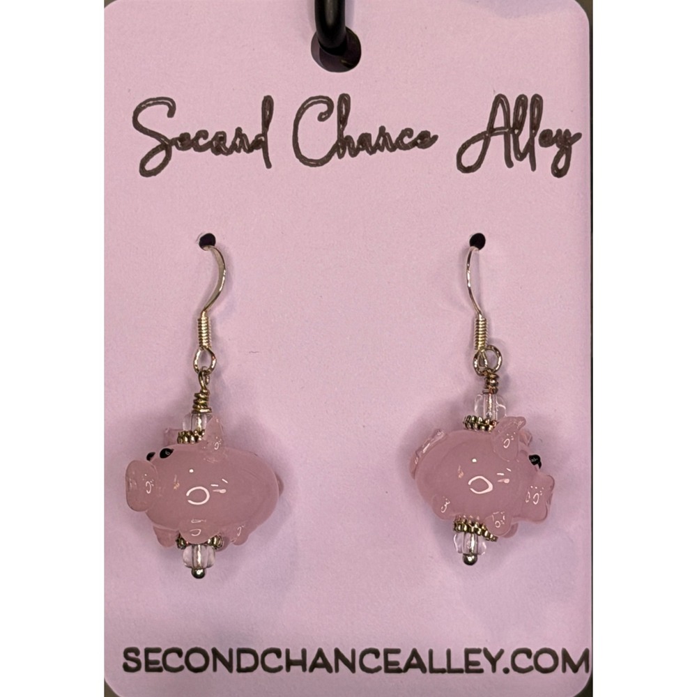 Handcrafted Pink Glass Pig Dangle Drop Earrings Silver Tone Fishhook